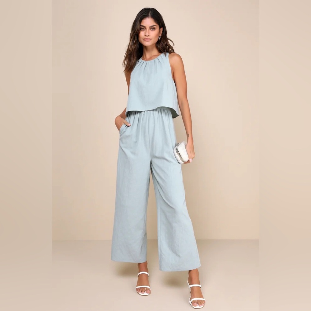 Lulus Breezy Sophistication Sage Green Textured Wide-Leg Jumpsuit new small